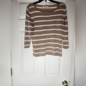 Jones New York M Striped White Tan 3/4 Sleeve Knit Women’s Top